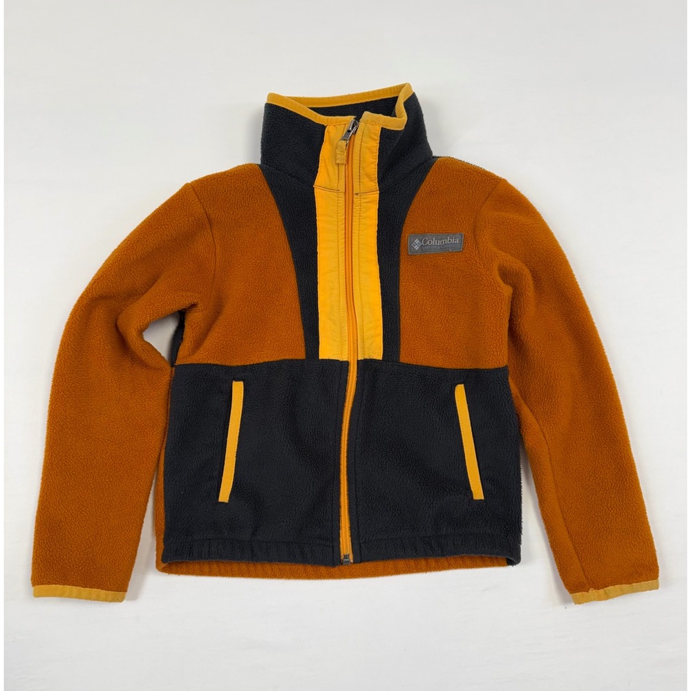 Distressed Columbia Kids‎ XS Fleece Jacket Full Zip Colorblock Orange Black